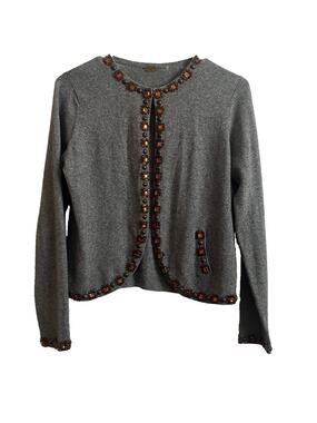 One Girl Who Gray Cashmere Cotton Cardigan Jeweled Beaded Rhinestone Sweater